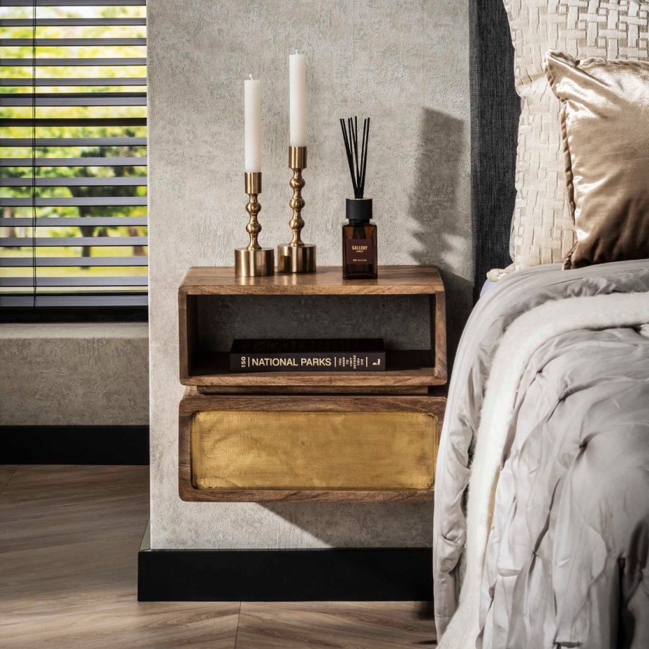 Fraaai Kelsie nachtkastje 1L groot - brass/massief mango bruin