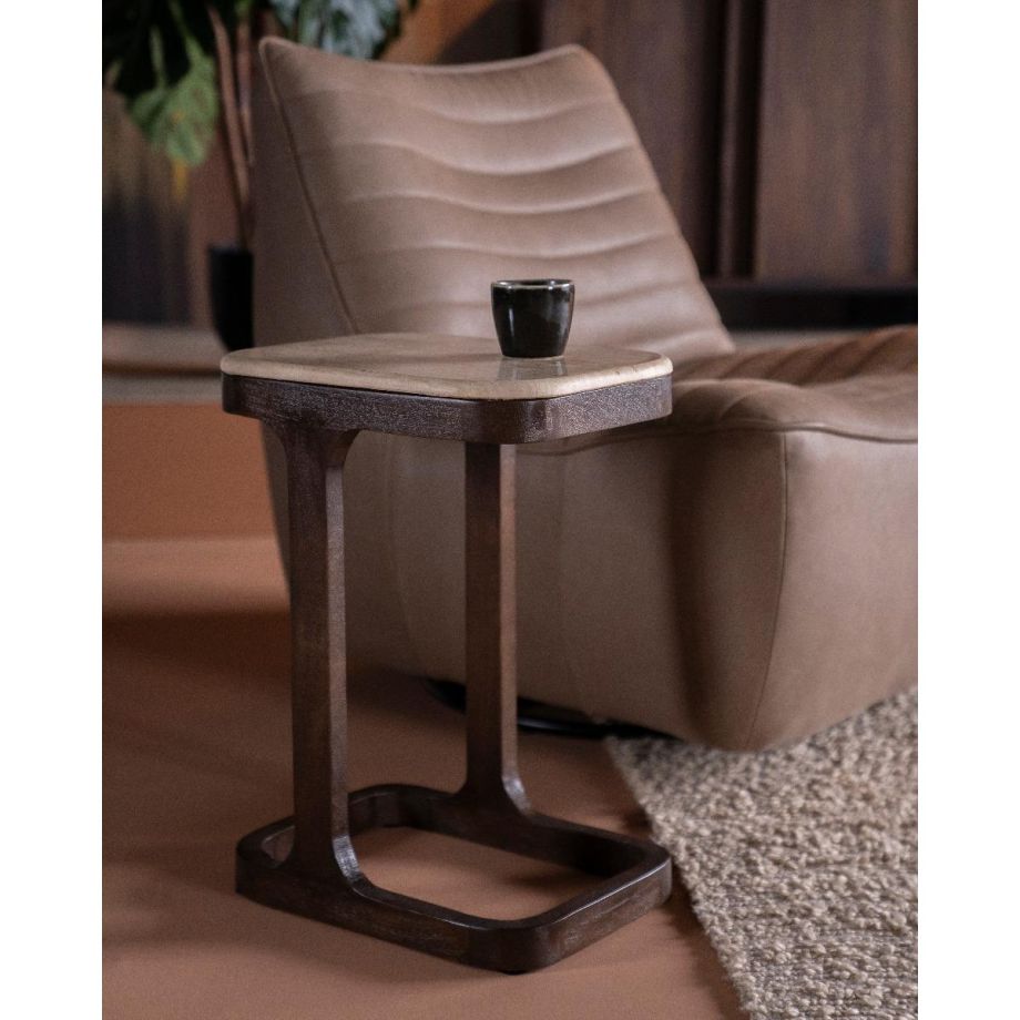 Eleonora Bijzettafel Tyler - Mangohout & travertin - 40x30 cm