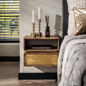 Fraaai Kelsie nachtkastje 1L groot - brass/massief mango bruin